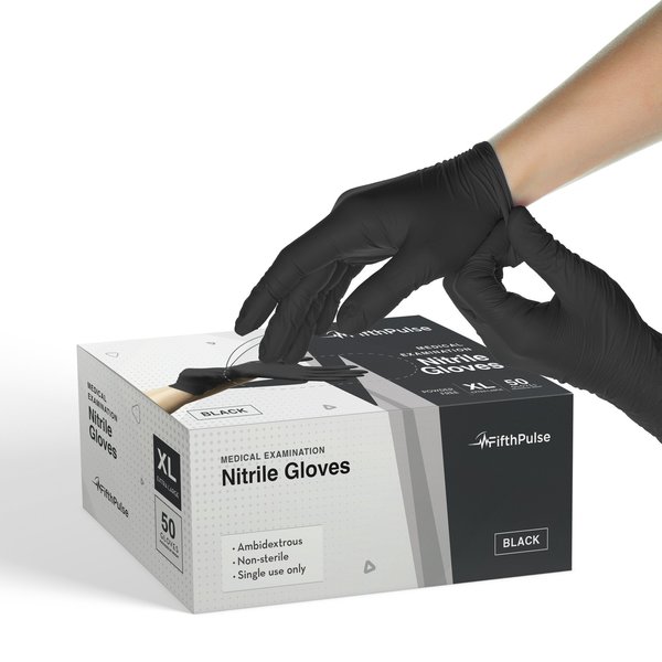 Fifthpulse FMN100, Nitrile Disposable Gloves, 3 mil Palm, Nitrile, Powder-Free, XL, 50 PK, Black FP-N-50-XL-BLK